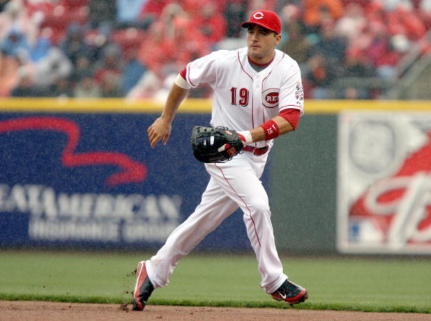 CINCINNATI, OH - APRIL 6: First baseman Joey Votto #19 of the Cincinnati Reds waits on a ground ball against the New York Mets at Great American Ballpark on April 6, 2009 in Cincinnati, Ohio. The Mets won 2-1.(Photo by Mark Lyons/Getty Images)