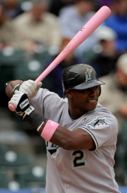 DENVER - MAY 10:  Hanley Ramirez #2 of the Florida Marlins takes an at bat against the Colorado Rockies during MLB action at Coors Field on May 10, 2009 in Denver, Colorado. Ramirez went two for four as he was one of many players using pink bats in Major 