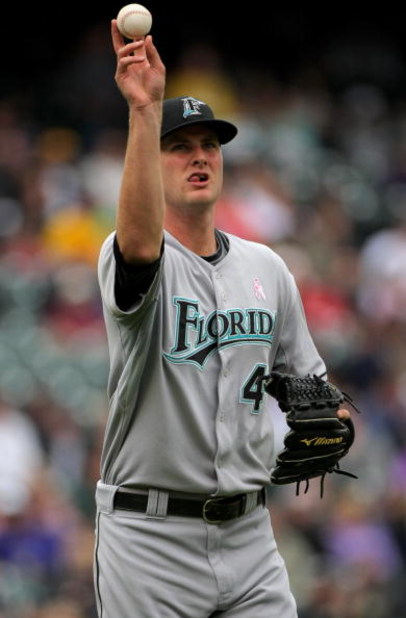 DENVER - MAY 10:  Starting pitcher Chris Volstad #41 of the Florida Marlins throws out a runner against the Colorado Rockies during MLB action at Coors Field on May 10, 2009 in Denver, Colorado. Volstad collected the loss as the Rockies defeated the Marli