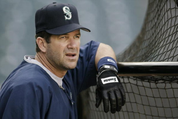 ANAHEIM, CA - APRIL 18:  Edgar Martinez #11 of the Seattle Mariners looks out on the field during batting practice before the game against the Anaheim Angels at Edison Field on April 18, 2003 in Anaheim, California.  The Mariners defeated the Angels 8-2. 