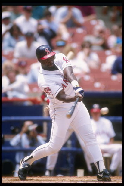 11 May 1995:  Chili Davis of the California Angels swings at the ball during a game against the Texas Rangers at Anaheim Stadium in Anaheim, California.  The Rangers won the game 6-2. Mandatory Credit: Stephen Dunn  /Allsport