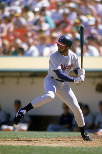 OAKLAND, CA - 1989:  Harold Baines #3 of the Chicago White Sox steps into the swing during a 1989 season game against the Oakland Athletics at Oakland-Alameda County Coliseum in Oakland, California. (Photo by Otto Greule Jr/Getty Images)