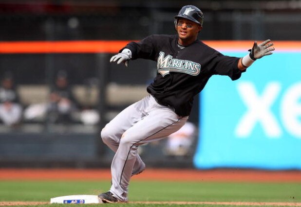 NEW YORK - APRIL 29: Emilio Bonifacio #1 of the Florida Marlins stops at second base after his ninth inning double against of the New York Mets on April 29, 2009 at Citi Field in the Flushing neighborhood of the Queens borough of New York City. The Marli