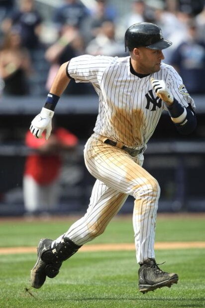 NEW YORK - MAY 02: Derek Jeter #2 of the New York Yankees runs to first against the Los Angeles Angels of Anaheim at Yankee Stadium on May 2, 2009 in the Bronx borough of New York City. (Photo by Nick Laham/Getty Images)