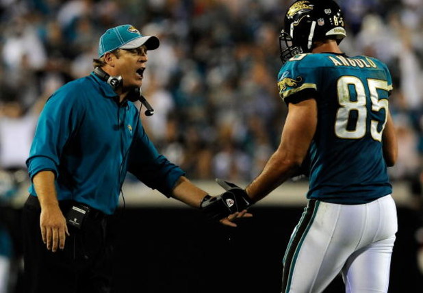 JACKSONVILLE, FL - DECEMBER 18:  Head coach Jack Del Rio of the Jacksonville Jaguars celebrates a touchdown with Richard Angulo #85 during the game against the Indianapolis Colts at Jacksonville Municipal Stadium on December 18, 2008 in Jacksonville, Flor