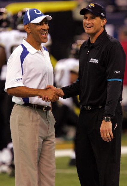 INDIANAPOLIS - SEPTEMBER 21:  (L-R) Head coach Troy Dungy of the Indianapolis Colts greets assistant coach, Mike Shula of the Jacksonville Jaguars on September 21, 2008 at Lucas Oil Stadium in Indianapolis, Indiana.  (Photo by Ronald Martinez/Getty Images