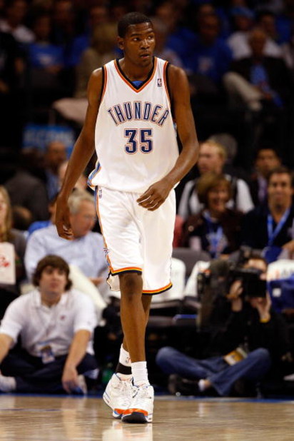 OKLAHOMA CITY - OCTOBER 29:  Kevin Durant #35 of the Oklahoma City Thunder walks up court during the game against the Milwaukee Bucks at the Ford Center on October 29, 2008 in Oklahoma City, Oklahoma. The Bucks won 98-87.  NOTE TO USER: User expressly ack
