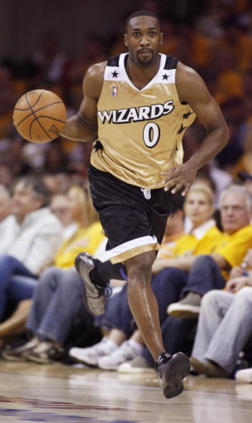 CLEVELAND - APRIL 19: Gilbert Arenas #0 of the Washington Wizards brings the ball up the court against the Cleveland Cavaliers in Game One of the Eastern Conference Quarterfinals during the 2008 NBA Playoffs at Quicken Loans Arena on April 19, 2008 in Cle