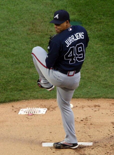 NEW YORK - MAY 12: Jair Jurrjens #49 of the Atlanta Braves throws a pitch against the New York Mets on May 12, 2009 at Citi Field in the Flushing neighborhood of the Queens borough of New York City. The Mets defeated the Braves 4-3 in ten innings. (Phot