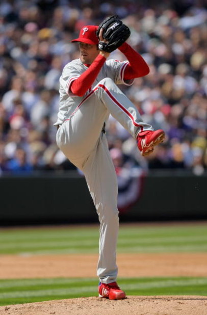 DENVER - APRIL 10:  Starting pitcher Cole Hamels #35 of the Philadelphia Phillies delivers against the Colorado Rockies during MLB action on Opening Day at Coors Field on April 10, 2009 in Denver, Colorado. Hamels collected the loss as the Rockies defeate