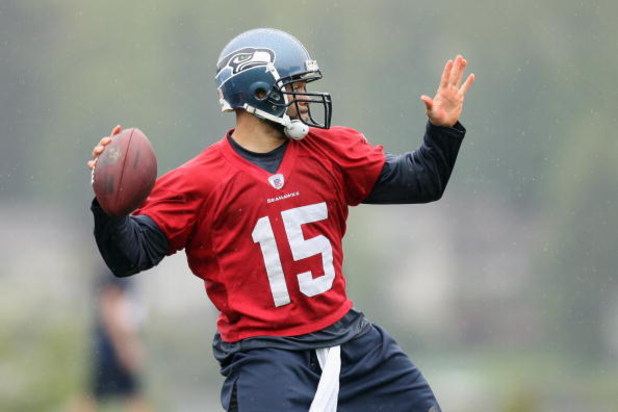 RENTON, WA - MAY 2:  Seneca Wallace #15 of the Seattle Seahawks throws a pass during minicamp at the Seahawks training facility on May 2, 2009 in Renton, Washington. (Photo by Otto Greule Jr/Getty Images) 