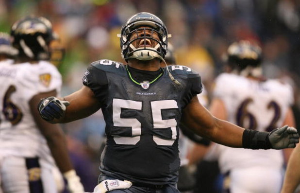 SEATTLE - DECEMBER 23:  Darryl Tapp #55 of the Seattle Seahawks celebrates after a sack against the Baltimore Ravens at Qwest Field on December 23, 2007 in Seattle, Washington. (Photo by Otto Greule Jr/Getty Images)