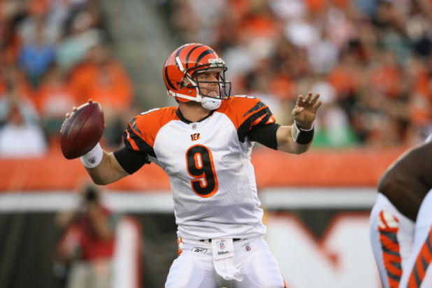 CINCINNATI - AUGUST 17:  Carson Palmer #9 of the Cincinnati Bengals passes the ball during the NFL game against the Detroit Lions at Paul Brown Stadium on August 17, 2008 in Cincinnati, Ohio.  (Photo by Andy Lyons/Getty Images)