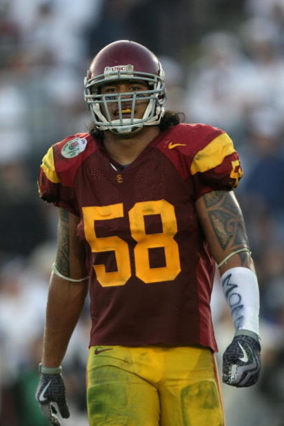 PASADENA, CA - JANUARY 01:  Rey Maualuga #58 of the USC Trojans smiles during the second half against the Penn State Nittany Lions during the 95th Rose Bowl Game presented by Citi on January 1, 2009 at the Rose Bowl in Pasadena, California.  (Photo by Ste
