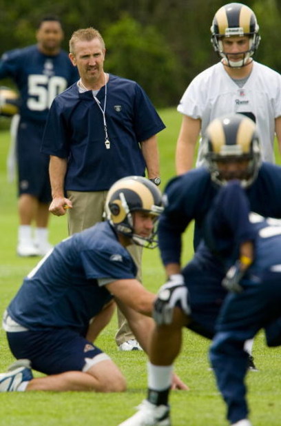 EARTH CITY, MO - MAY 2: Head coach Steve Spagnuolo of the St. Louis Rams watches his team during a mini camp on May 2, 2009 at the Russell Training Center in Earth City, Missouri.  (Dilip Vishwanat/Getty Images)