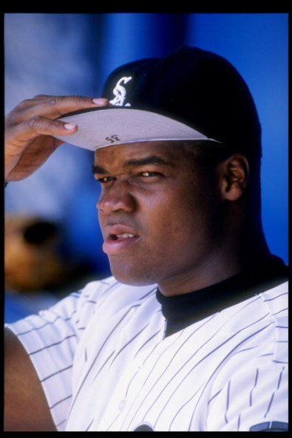 4 Jun 1995: First baseman Frank Thomas of the Chicago White Sox looks on during a game against the Detroit Tigers. The Tigers won the game 8-5.