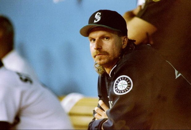 8 Oct 1995: Pitcher Randy Johnson of the Seattle Mariners looks on during a game against the New York Yankees at the Kingdome in Seattle, Washington. The Mariners won the game 6-5. Mandatory Credit: Stephen Dunn /Allsport