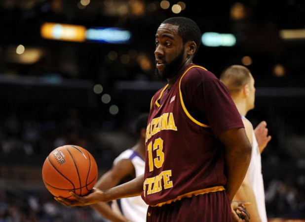 LOS ANGELES, CA - MARCH 13:  Guard James Harden #13 of the Arizona State Sun Devils holds the ball after a play against the Washington Huskies in the Pacific Life Pac-10 Men's Basketball Tournament at the Staples Center on March 13, 2009 in Los Angeles, C