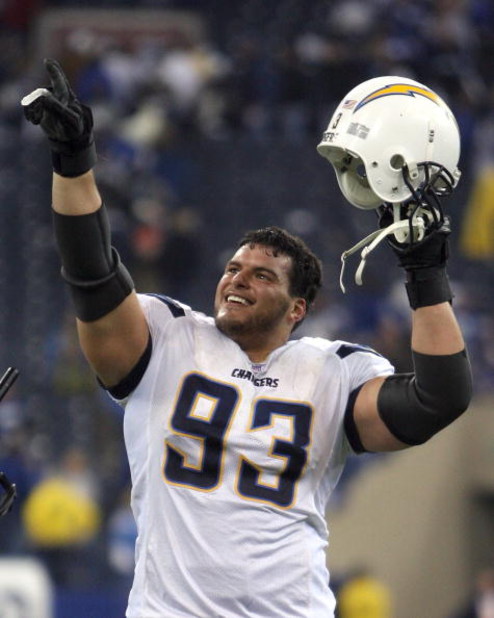 INDIANAPOLIS - JANUARY 13:  Luis Castillo #93 of the San Diego Chargers celebrates after the Chargers won 28-24 against the Indianapolis Colts during their AFC Divisional Playoff game at the RCA Dome on January 13, 2008 in Indianapolis, Indiana. The Charg