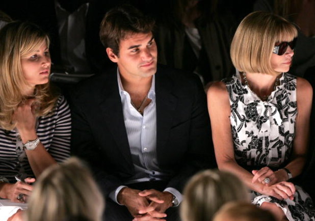 NEW YORK - SEPTEMBER 11:  Tennis player Roger Federer, his girlfriend Mirka Vavrinec (L) and editor Anna Wintour sit in the front row at the Oscar de la Renta Spring 2007 fashion show during Olympus Fashion Week in the Tent in Bryant Park September 11, 20