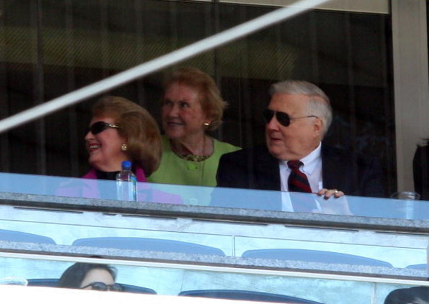 NEW YORK - APRIL 16:  Owner George Steinbrenner and his wife Joan (far L) look on from his luxury box during an opening day ceremony at the new Yankee Stadium on April 16, 2009 in the Bronx borough of New York City. This is the first regular season MLB ga