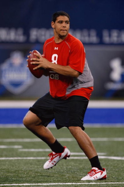 INDIANAPOLIS, IN - FEBRUARY 22:  Quarterback Nate Davis of Ball State drops back to pass the football during the NFL Scouting Combine presented by Under Armour at Lucas Oil Stadium on February 22, 2009 in Indianapolis, Indiana. (Photo by Scott Boehm/Getty