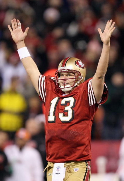 SAN FRANCISCO - DECEMBER 15: Shaun Hill #13 of the San Francisco 49ers celebrates near the end of the fourth quarter against the Cincinnati Bengals during an NFL game on December 15, 2007 at Monster Park in San Francisco, California. (Photo by Jed Jacobso