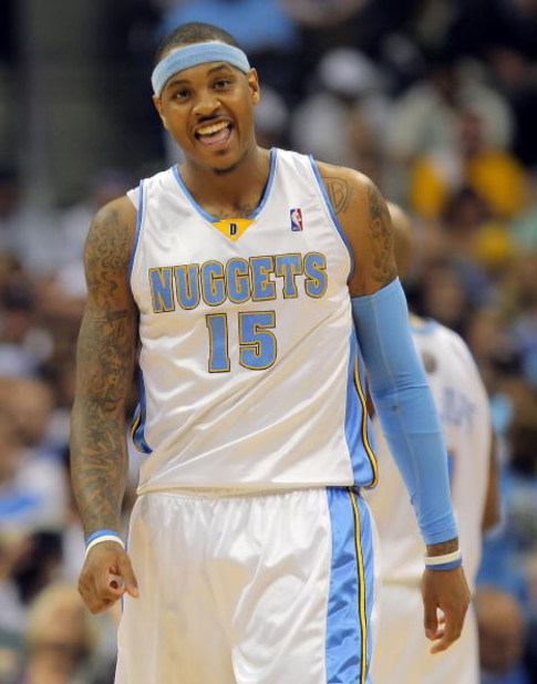 DENVER - MAY 25:  Carmelo Anthony #15 of the Denver Nuggets reacts in the third quarter against the Los Angeles Lakers in Game Four of the Western Conference Finals during the 2009 NBA Playoffs at Pepsi Center on May 25, 2009 in Denver, Colorado. NOTE TO 