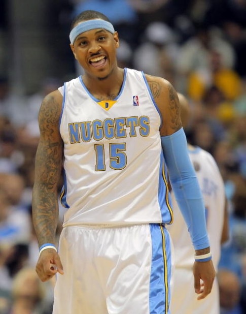 DENVER - MAY 25: Carmelo Anthony #15 of the Denver Nuggets reacts in the third quarter against the Los Angeles Lakers in Game Four of the Western Conference Finals during the 2009 NBA Playoffs at Pepsi Center on May 25, 2009 in Denver, Colorado. NOTE TO