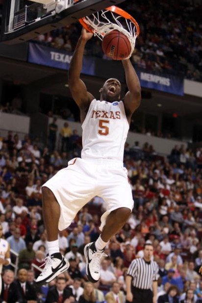 NORTH LITTLE ROCK, AR - MARCH 21:  Damion James #5 of the Texas Longhorns dunks the ball against the Austin Peay Governors during the first round of the South Regional as part of the 2008 NCAA Men's Basketball Tournament at Alltel Arena on March 21, 2008 