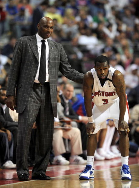 AUBURN HILLS, MI - APRIL 24:  Head coach Michael Curry talk with Rodney Stuckey #3 of the Detroit Pistons while playing the Cleveland Cavaliers in Game Three of the Eastern Conference Quarterfinals during the 2009 NBA Playoffs at the Palace of Auburn Hill