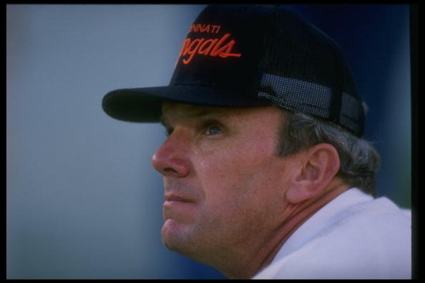 2 Oct 1988: Cincinnati Bengals head coach Sam Wyche looks on during a game against the Los Angeles Raiders at the Coliseum in Los Angeles, California. The Bengals won the game, 45-21.