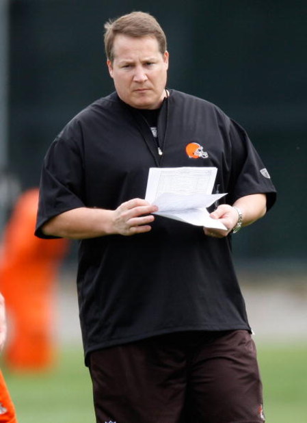 BEREA, OH - MAY 02:  Head coach Eric Mangini of the Cleveland Browns looks on  during rookie mini camp at the Cleveland Browns Training and Administrative Complex on May 2, 2009 in Berea, Ohio.  (Photo by Gregory Shamus/Getty Images)