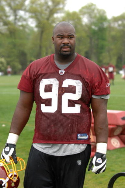 ASHBURN, VA - MAY 1:  Albert Haynesworth #92 of the Washington Redskins walks off the field after minicamp on May 1, 2009 at Redskins Park in Ashurn, Virginia.   (Photo by Mitchell Layton/Getty Images)