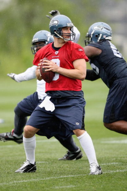 RENTON, WA - MAY 2:  Matt Hasselbeck #8 of the Seattle Seahawks drops back to pass during minicamp at the Seahawks training facility on May 2, 2009 in Renton, Washington. (Photo by Otto Greule Jr/Getty Images) 