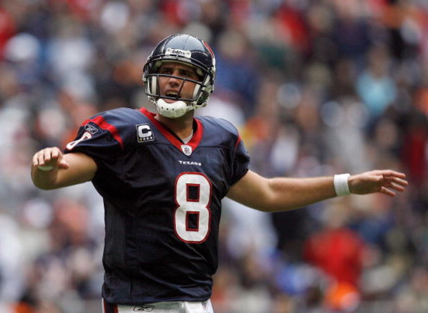 HOUSTON - DECEMBER 28:  Matt Schaub #8 of the Houston Texans reacts to quiet the crowd during a touchdown drive against the Chicago Bears during the second half at the Reliant Stadium December 28, 2008 in Houston, Texas.  The Texans won 31-24.  (Photo by 