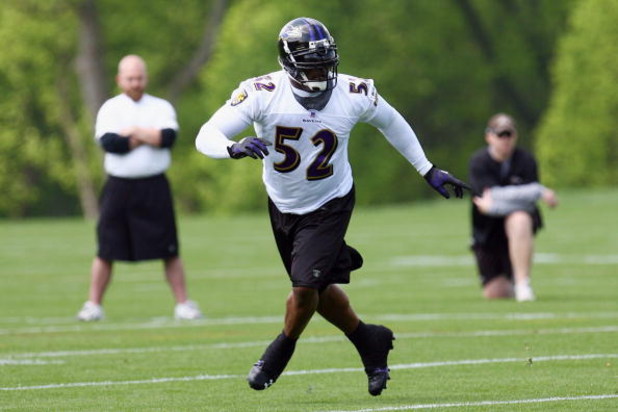 OWINGS MILLS, MARYLAND - MAY 8: Ray Lewis #52 of the Baltimore Ravens runs during minicamp at the practice facility on May 8, 2009 in Owings Mills, Maryland. (Photo by Ned Dishman/Getty Images)