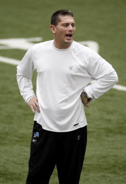 ALLEN PARK, MI - MAY 01: Head coach Jim Schwartz of the Detroit Lions looks on during rookie orientation camp at the Detroit Lions Headquarters and Training Facility on May 1, 2009 in Allen Park, Michigan.  (Photo by Gregory Shamus/Getty Images)