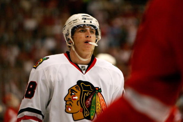 DETROIT - MAY 27:  Patrick Kane #88 of the Chicago Blackhawks looks on against the Detroit Red Wings during Game Five of the Western Conference Championship Round of the 2009 Stanley Cup Playoffs on May 27, 2009 at Joe Louis Arena in Detroit, Michigan. Th
