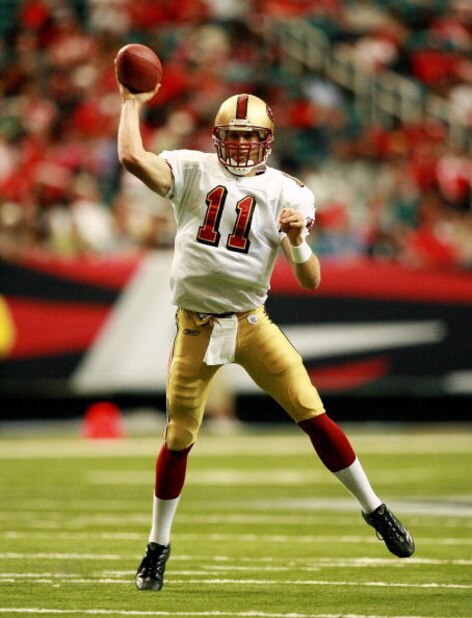 ATLANTA - NOVEMBER 04: Quarterback Alex Smith #11 of the San Francisco 49ers throws a pass against the Atlanta Falcons at Georgia Dome on November 4, 2007 in Atlanta, Georgia.The Falcons defeated the 49ers 20-16. (Photo by Doug Benc/Getty Images)