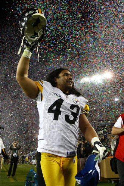 TAMPA, FL - FEBRUARY 01:  Troy Polamalu #43 of the Pittsburgh Steelers celebrates as confetti falls after they 27-23 win against the Arizona Cardinals during Super Bowl XLIII on February 1, 2009 at Raymond James Stadium in Tampa, Florida.  (Photo by Chris