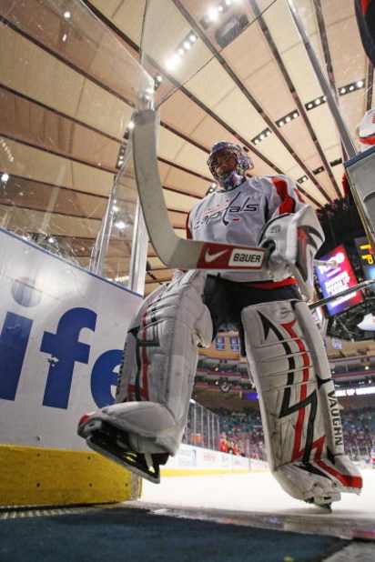 NEW YORK - APRIL 26: Jose Theodore #60 of the Washington Capitals leaves the ice after warmups and prior to his game against the New York Rangers in Game Six of the Eastern Conference Quarterfinal Round of the 2009 NHL Stanley Cup Playoffs at Madison Squa