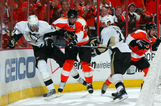 PHILADELPHIA - APRIL 25:  Evgeni Malkin #71 of the Pittsburgh Penguins skates against Kimmo Timonen #44 of the Philadelphia Flyers during Game Six of the Eastern Conference Quarterfinal Round of the 2009 NHL Stanley Cup Playoffs  at the Wachovia Center on
