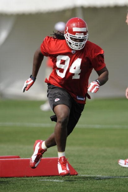 KANSAS CITY, MO - MAY 9: First round draft choice Tyson Jackson #94 of the Kansas City Chiefs goes through a drill during a rookie minicamp at the Chiefs practice facility on May 9, 2009 in Kansas City, Missouri. (Photo by G. Newman Lowrance/Getty Images