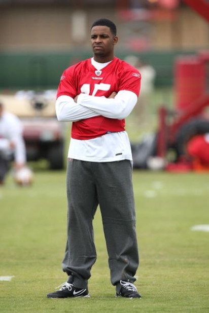 SANTA CLARA, CA - MAY 01: Michael Crabtree #15 of the San Francisco 49ers looks on at practice during the 49ers Minicamp at their training facilities on May 1, 2009 in Santa Clara, California. Crabtree was the 49ers first round draft pick. (Photo by Jed