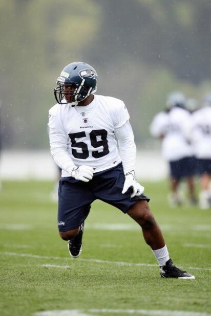 RENTON, WA - MAY 2: Aaron Curry #59 of the Seattle Seahawks runs drills during minicamp at the Seahawks training facility on May 2, 2009 in Renton, Washington. (Photo by Otto Greule Jr/Getty Images)