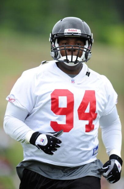 FLOWERY BRANCH, GA - MAY 9: Defensive tackle Peria Jerry #94 of the Atlanta Falcons works out during minicamp at the Falcons Complex on May 9, 2009 in Flowery Branch, Georgia. (Photo by Paul Abell/Getty Images)