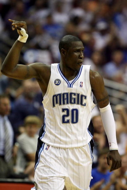 ORLANDO, FL - MAY 26:  Mickael Pietrus #20 of the Orlando Magic reacts while playing against the Cleveland Cavaliers in Game Four of the Eastern Conference Finals during the 2009 NBA Playoffs at the Amway Arena on May 26, 2009 in Orlando, Florida. NOTE TO