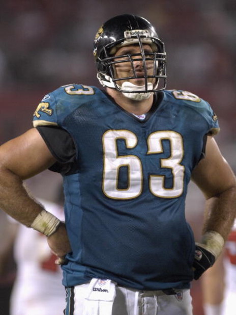 TAMPA, FL - OCTOBER 28:  Center Brad Meester #63 of the Jacksonville Jaguars checks the scoreboard against the Tampa Bay Buccaneers at Raymond James Stadium on October 28, 2007 in Tampa, Florida.  The Jaguars won 24 - 23. (Photo by Al Messerschmidt/Getty 