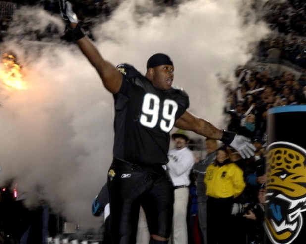Jacksonville Jaguars defensive end Marcus Stroud takes the field before play against  the New York Giants on ESPN Monday Night Football Nov. 20, 2006 in Jacksonville.  The Jaguars won 26 - 10.  (Photo by Al Messerschmidt/Getty Images)